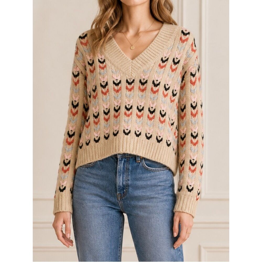 Cider Sweater Neutral Arrow Striped Boho Pullover V Neck Women’s Size Small